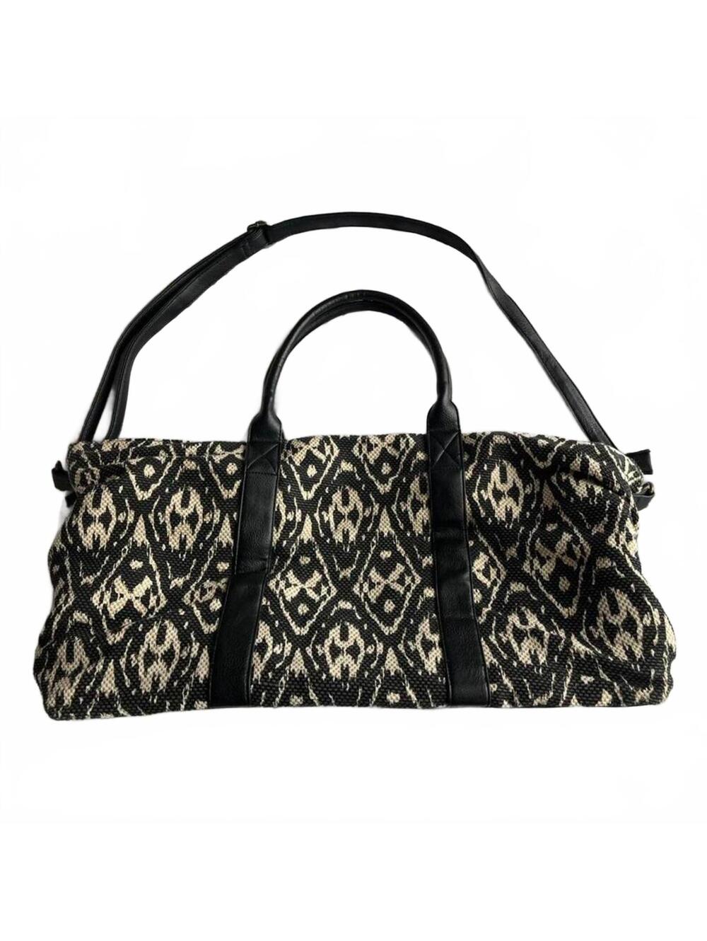 Madden Girl Y2K Tapestry Duffle Black & Cream Poka-a-dot Interior Bag